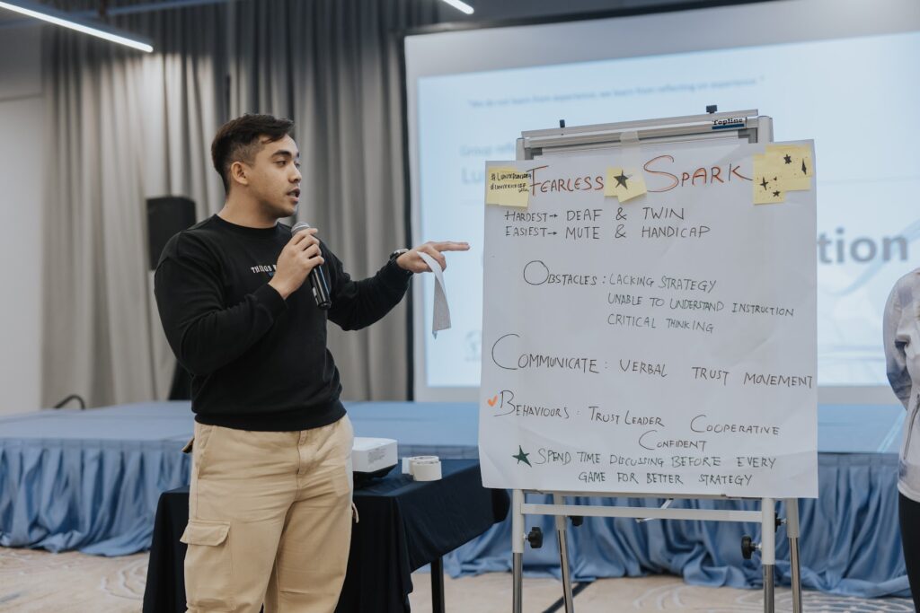 Facilitator presenting at a flipchart during a training session