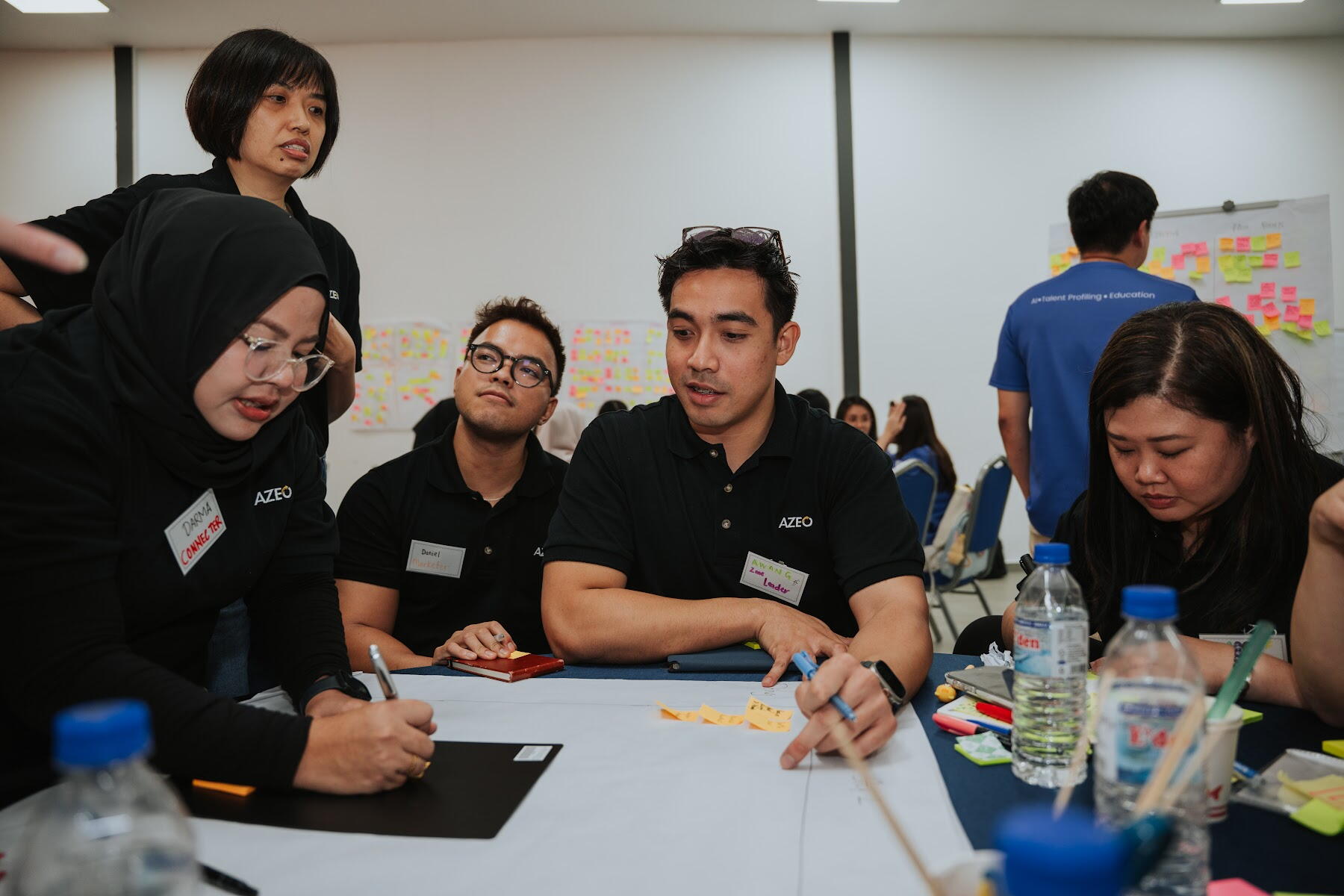 Team collaborating with sticky notes around a table during a workshop