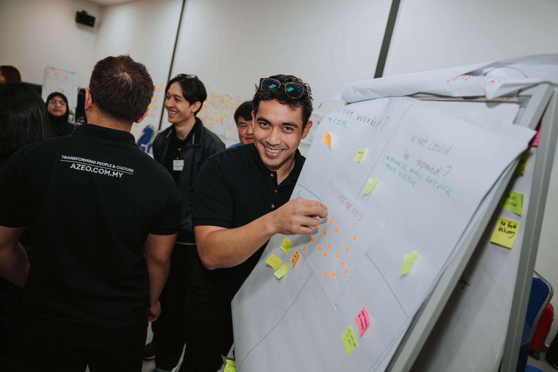 Two colleagues planning at a whiteboard covered in sticky notes